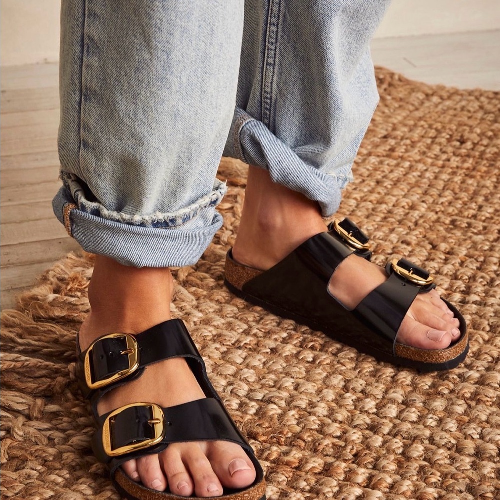 New Birkenstock Arizona Big Buckle Black Gold Leather Sandals Cork Eu 38 7 7.5